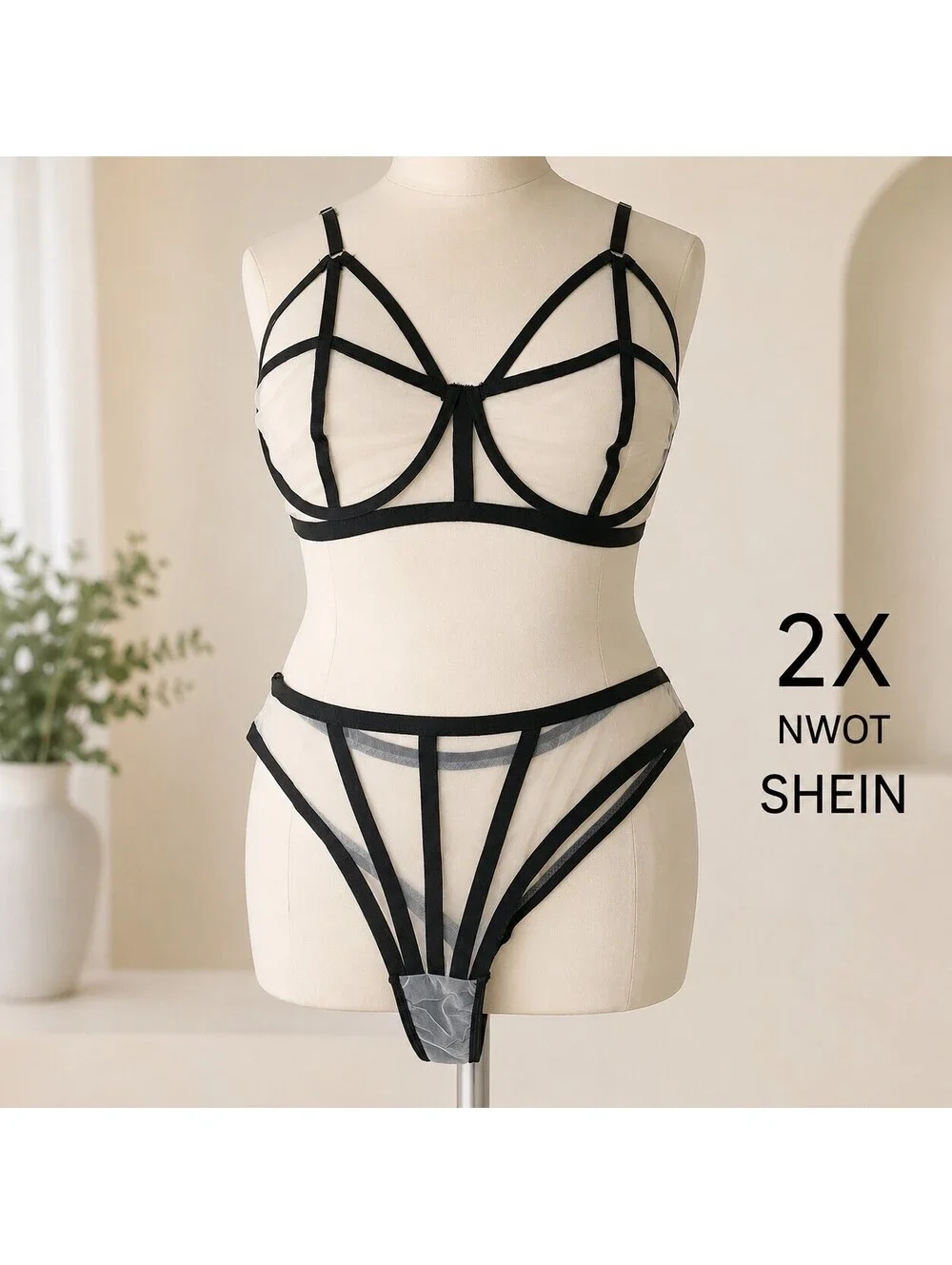 SHEIN Black Mesh Strappy Bra and Panty Set Size 2X